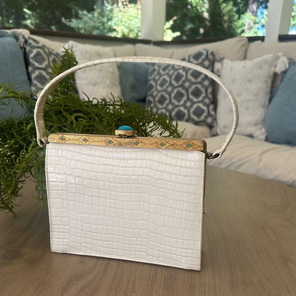 White Croc-Embossed Top-Handle Bag with Gold Trim